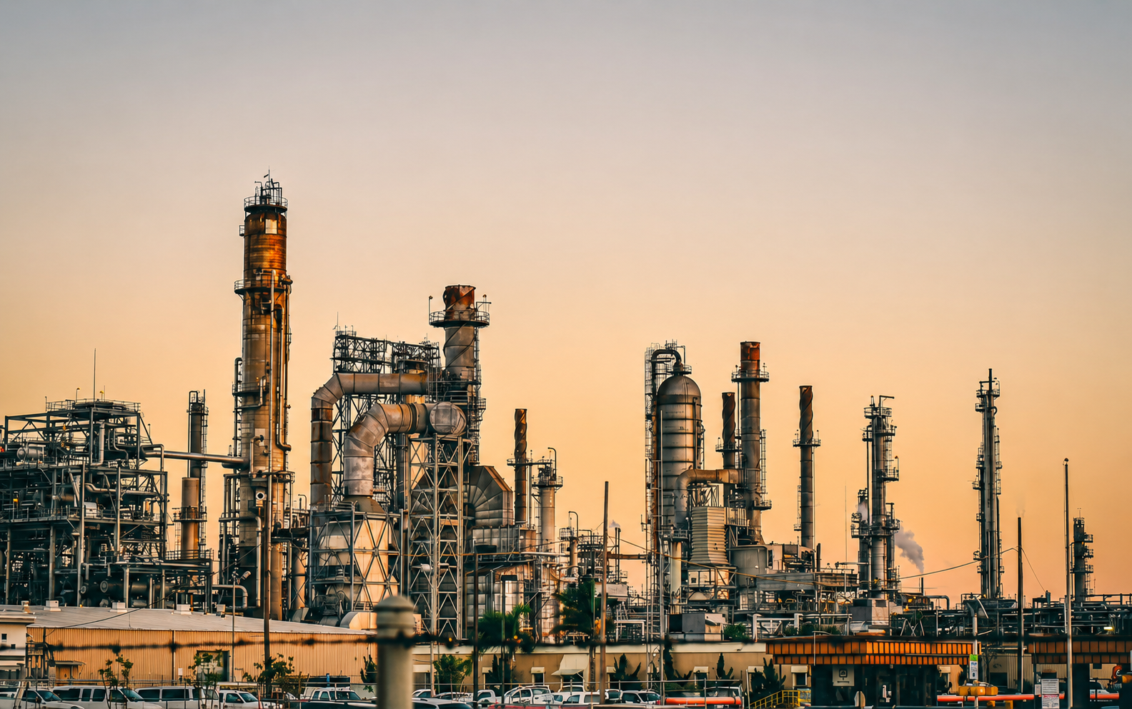 Petroleum refinery at sunset
